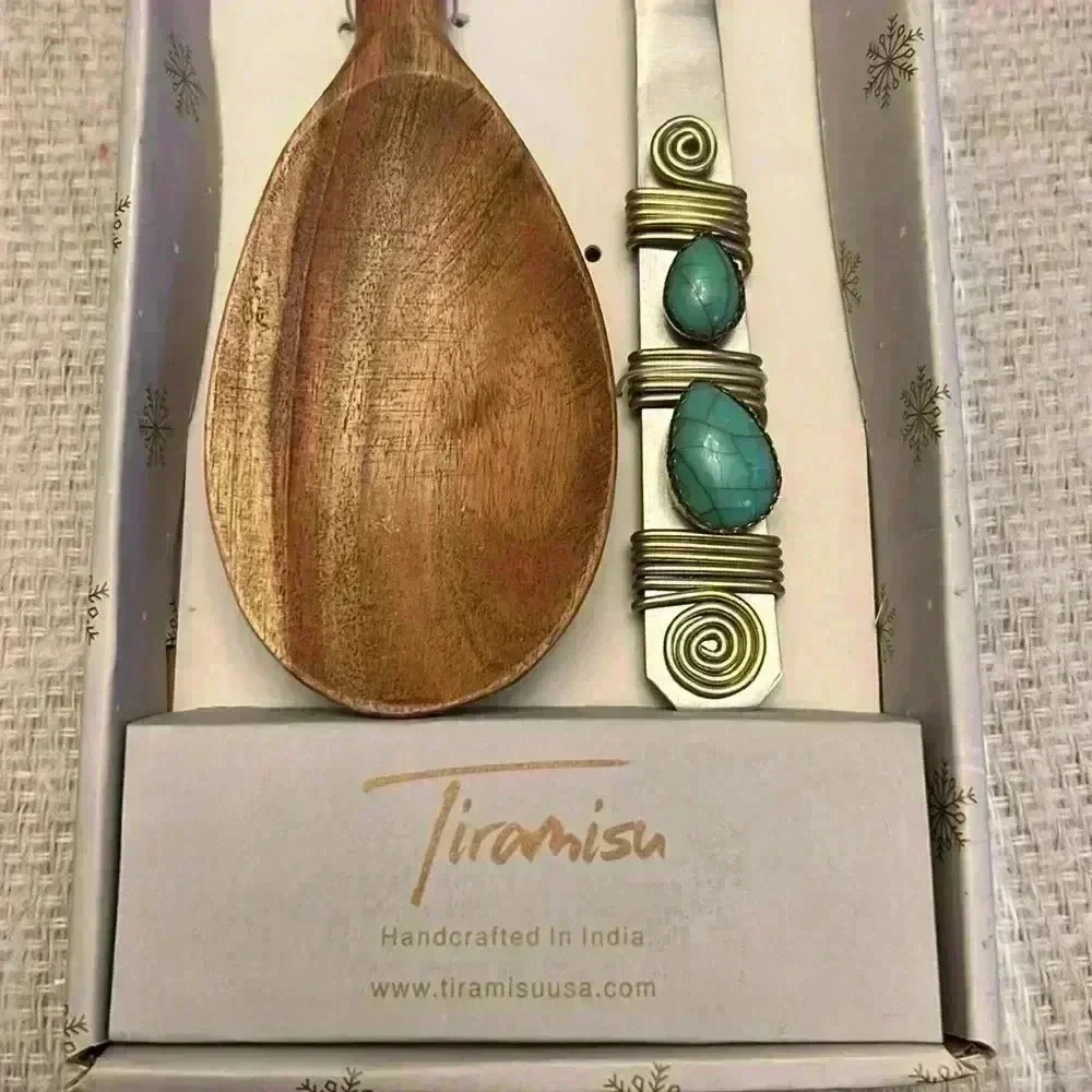 Tiramisu Turquoise Bead Embellished Wood Salad Server Set NIB